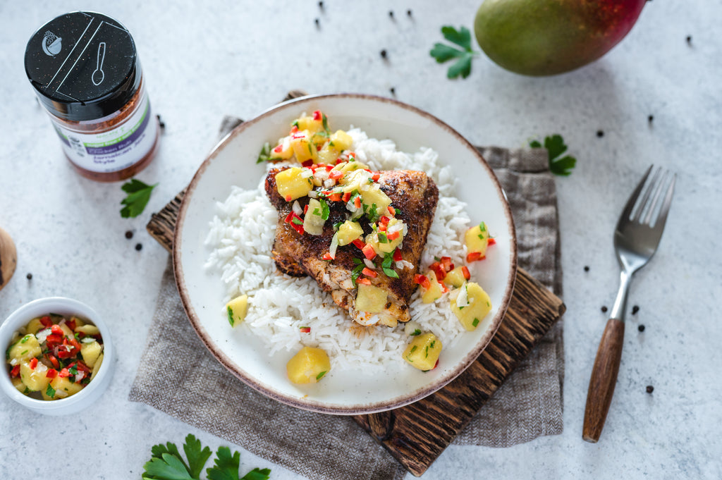 Jamaican Jerk Chicken and Rice with Mango Salsa