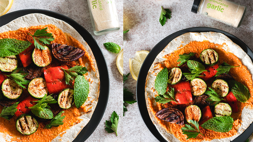 Grilled Vegetable Flatbread with Smoked Almond Muhammara
